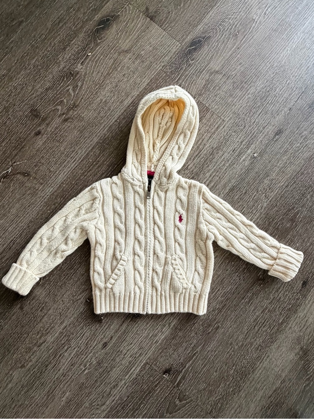 Ralph Lauren Cream Cable-Knit Hooded Zip Cardigan with Pink Pony
